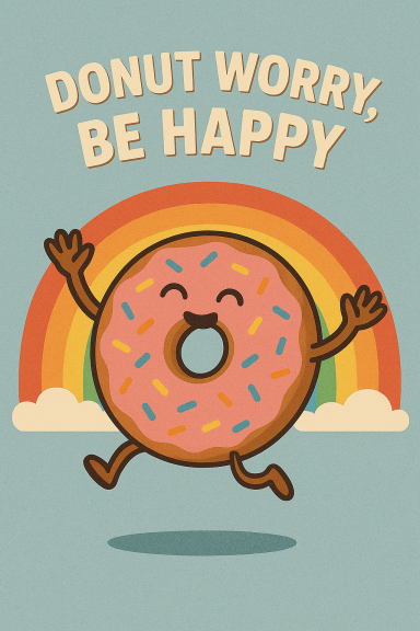 Fröhlicher Donut springt unter einem Regenbogen mit dem Text "Donut Worry, Be Happy".