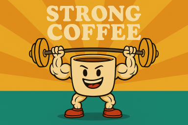Tasse mit Muskeln hebt eine Hantel, darunter steht "Strong Coffee".