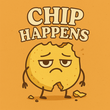 Ein trauriger Chip mit Beinen und dem Schriftzug "Chip Happens" auf orangefarbenem Hintergrund.