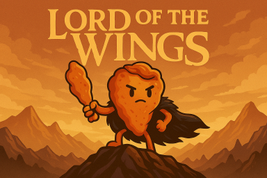 Ein fieser Chicken Nugget mit Umhang steht auf einem Felsen vor einer orangefarbenen Landschaft.