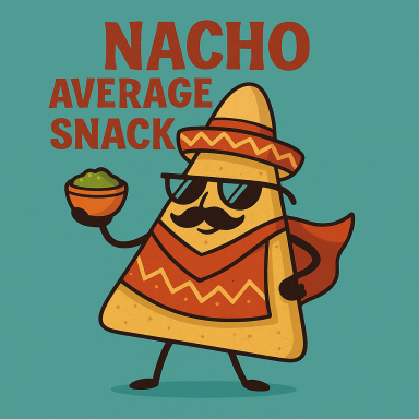 Ein Cartoon-Nacho mit Sonnenbrille und Sombrero hält eine Schüssel Guacamole.