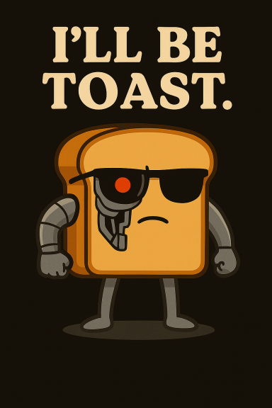 Ein roboterhaftes Toastbrot mit Sonnenbrille und dem Text „I‘LL BE TOAST.“