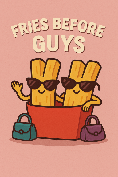 Zwei Pommes mit Sonnenbrillen in einer Fritteuse, umgeben von Handtaschen.