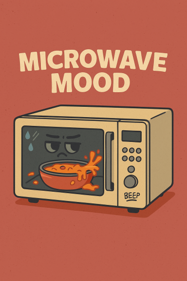 Mikrowelle mit wütendem Gesicht und spritzender Schüssel, daneben der Text "Microwave Mood".