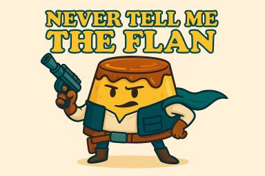 Ein entschlossener Flan mit einer Waffe und Umhang, darunter der Text "NEVER TELL ME THE FLAN".