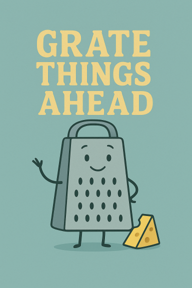 Eine fröhliche Reibe mit Käse und dem Text „Grate Things Ahead“.