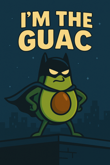 Ein Avocado in einem Batman-Kostüm steht auf einem Dach mit dem Text "I'M THE GUAC".