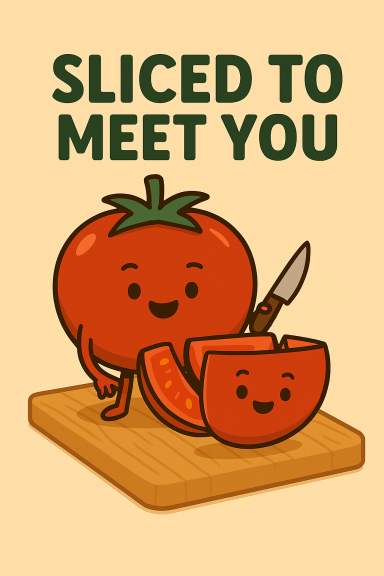 Ein fröhlicher, geschnittener Kürbis und eine Tomate mit einem Messer auf einem Holzbrett.