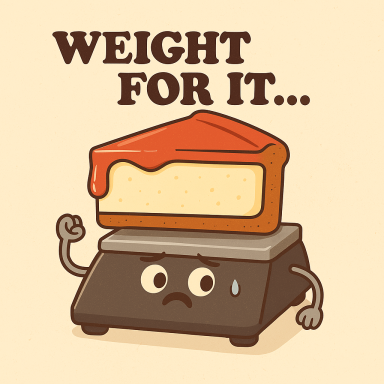 Ein Cartoon-Waage mit einem Stück Käsekuchen und dem Text „Weight for it...“