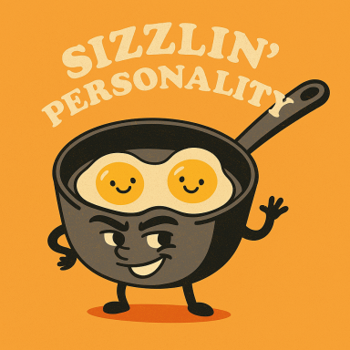 Pfanne mit lächelnden Spiegeleiern und dem Text "SIZZLIN' PERSONALITY" darüber.